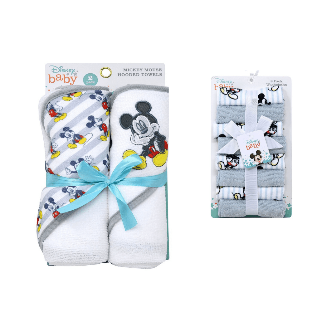 Disney Mickey Mouse Hooded Baby Boy Towel & Washcloth NEW 