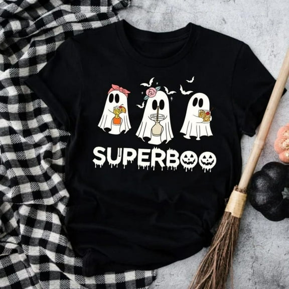 Letter Ghost Graphic Tee Halloween Design Spooky Season Trendy Gift Comfort Cotton T-Shirt Black S-5XL