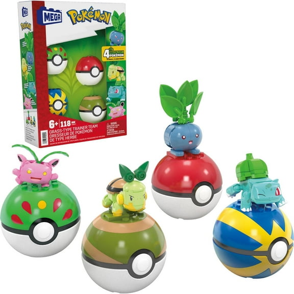 MEGA Pokémon Grass-Type Trainer Team Building Toy Kit, 4 Action Figures (118 Pieces) for Kids