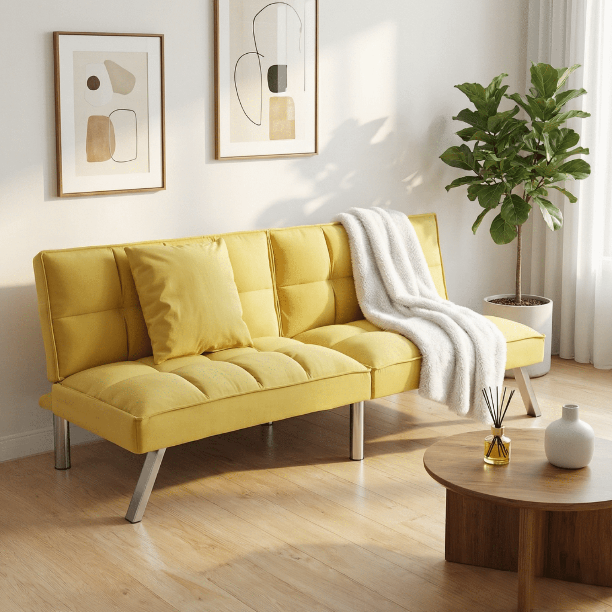 BSHTI 73” Velvet Fabric Futon Sofa Bed, Convertible Sofa Bed with Adjustable Split-Back Recliner, Twin Sleeper Couch, 5-Level Backrest Adjustment, Living Room, Bedroom & Office （Yellow）