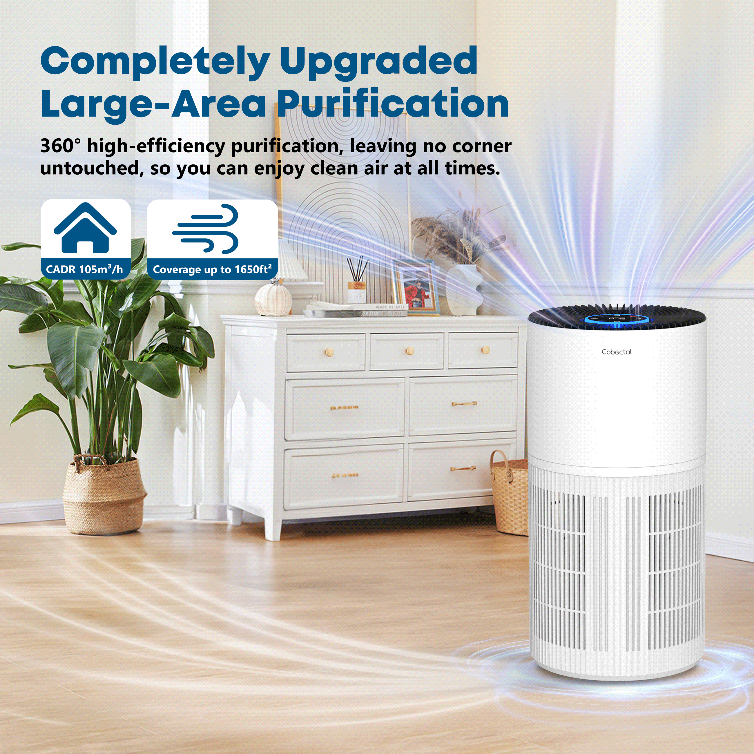 Cobectal H14 HEPA Air Purifier ZQA-6000A with Activated Carbon Filter for Smoke, Dust, Pollen, and Dander
