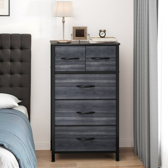 ModFusion Modern 5 Drawers Dresser Storage with Wooden Top & Easy Pull Fabric Bins – Charcoal Black Wood Grain