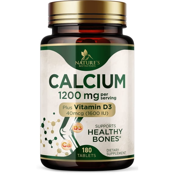 Calcium 1200 mg with Vitamin D3 - Bone Health Supplement, Vitamin D & Calcium Supplements for Women & Men - Bone Strength, Teeth & Immune Support, Nature's Calcium Pills, Bottled in USA - 180 Tablets