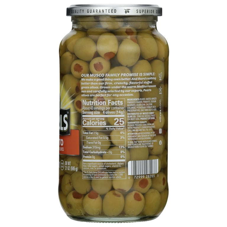 Pearls Pimiento Stuffed Manzanilla Olives 21 oz Jar Kosher Vegan
