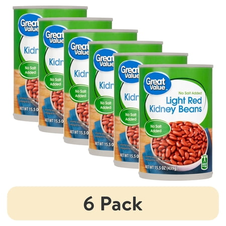 (6 pack) Great Value No Salt Added Light Red Kidney Beans, 15.5 oz