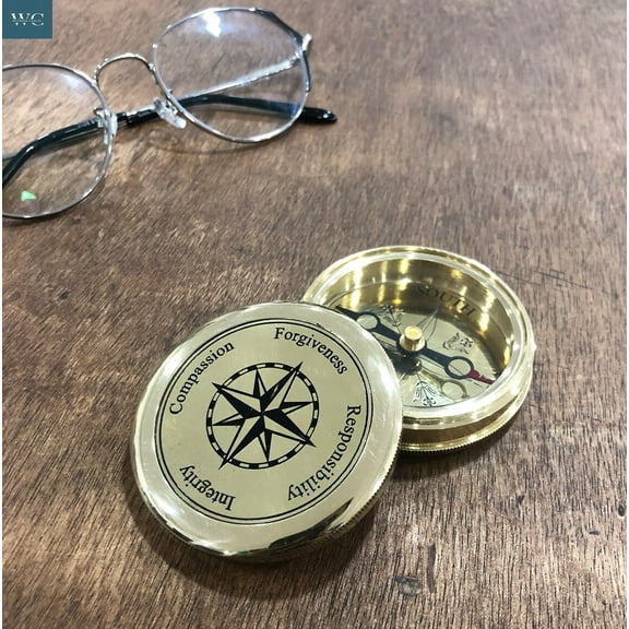 NauticalMart Vintage Brass Compass with Nautical Gift Case Integrity, Responsibility, Forgiveness, Compassion Maritime
