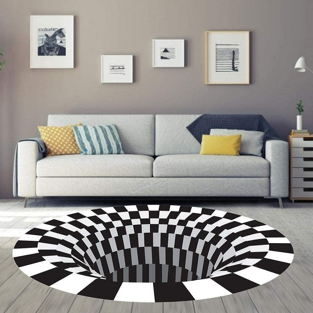 Round Area Rug,Checkered 3D Vortex Optical Illusions Mats,Durable Anti
