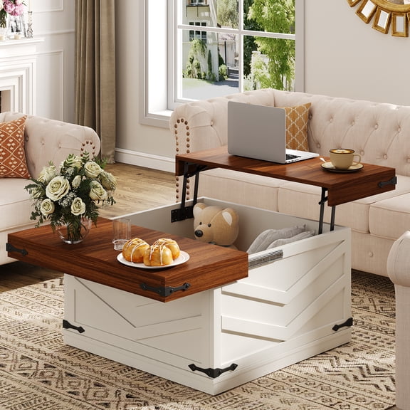 31.5'' Lift Top Coffee Table with Hidden Storage, Adjustable Height, Sliding Top Square Center Table, Farmhouse Coffee Tables, Multi-Functional Storage Coffee Table for Living Room, White