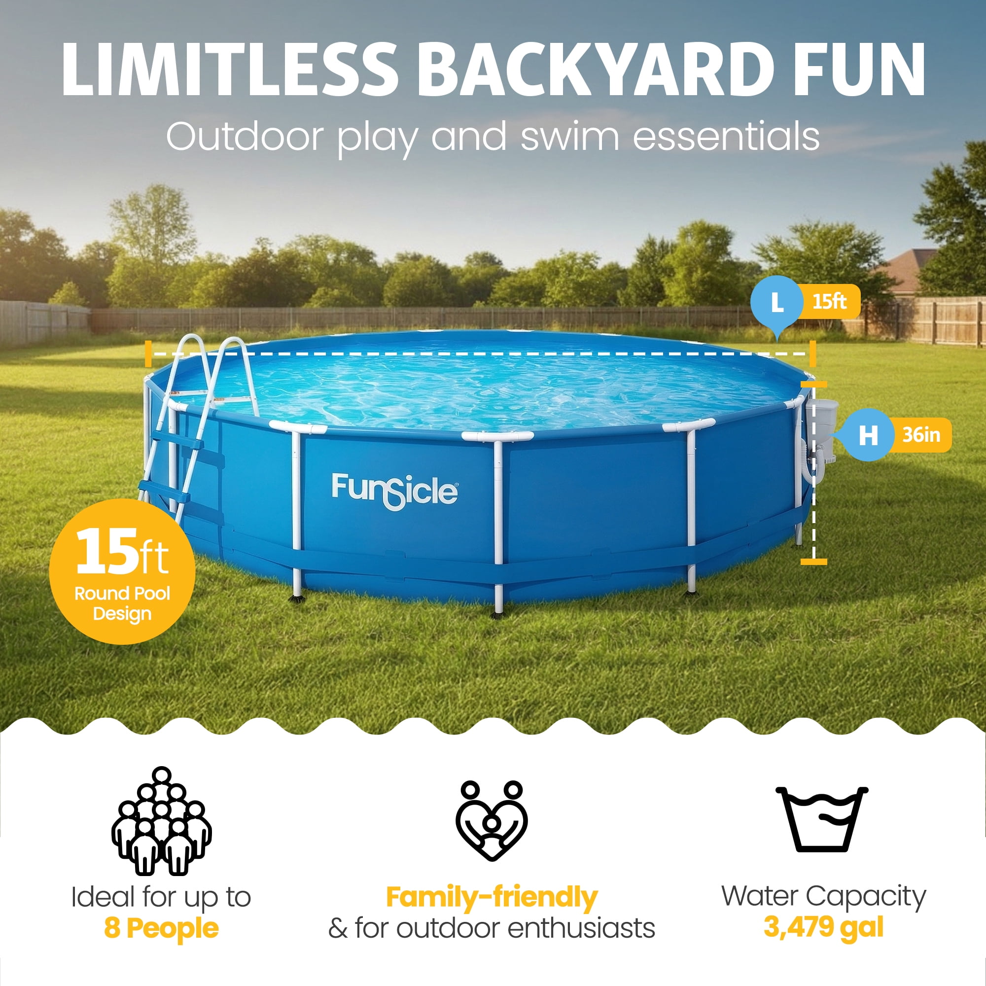 Funsicle 15' x 36" Activity Above Ground Swimming Pool Set with 2-in-1 Pump, Round Frame