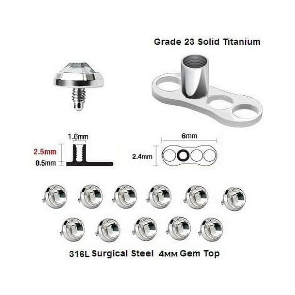 25 Titanium base & 4 mm top Dermal Anchor Piercing Jewelry with Clear CZ Gems