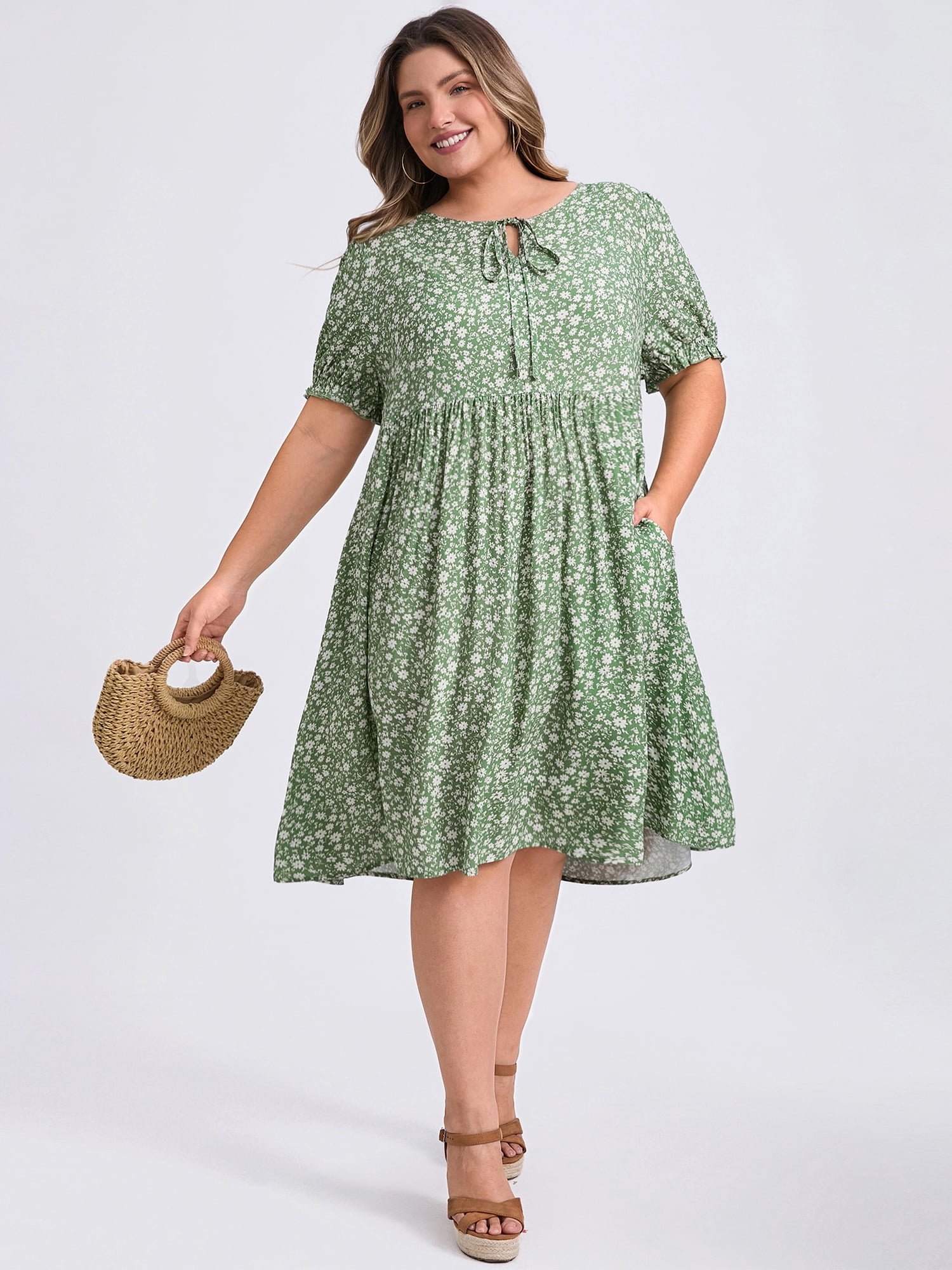 DARING DIVA Plus Size Tie Neck Short Sleeves Floral A-Line Dress 1X Light Green