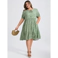 thumbnail image 2 of DARING DIVA Plus Size Tie Neck Short Sleeves Floral A-Line Dress 3X Light Green, 2 of 5