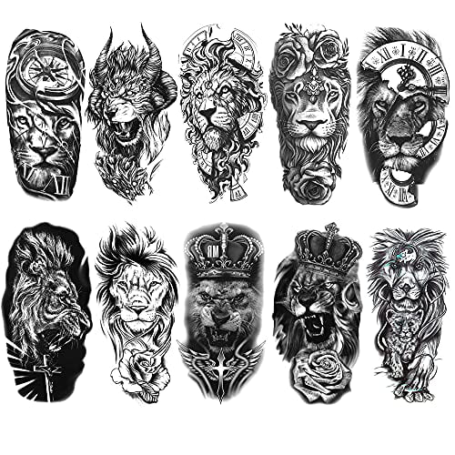 10 Sheets Forearm Half Sleeve Lion Temporary Tattoos for Men Women Adults,  Black Fake Tattoos 3D Large Lion King Fake Tattoo Stickers Black Realistic  Animals Art Tattoo 