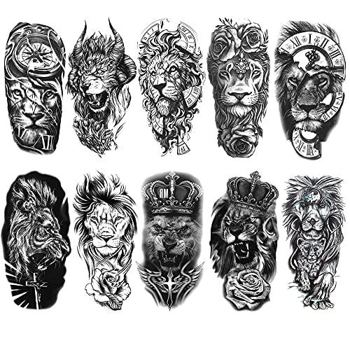 10 Sheets Forearm Half Sleeve Lion Temporary Tattoos for Men Women Adults, Black Fake Tattoos 3D Large Lion King Fake Tattoo Stickers Black Realistic Animals Art Tattoo 10 Sheets Forearm Half Sleeve Lion Temporary Tattoos for Men Women Adults, Black Fake Tattoos 3D Large Lion King Fake Tattoo Stickers Black Realistic Animals Art Tattoo