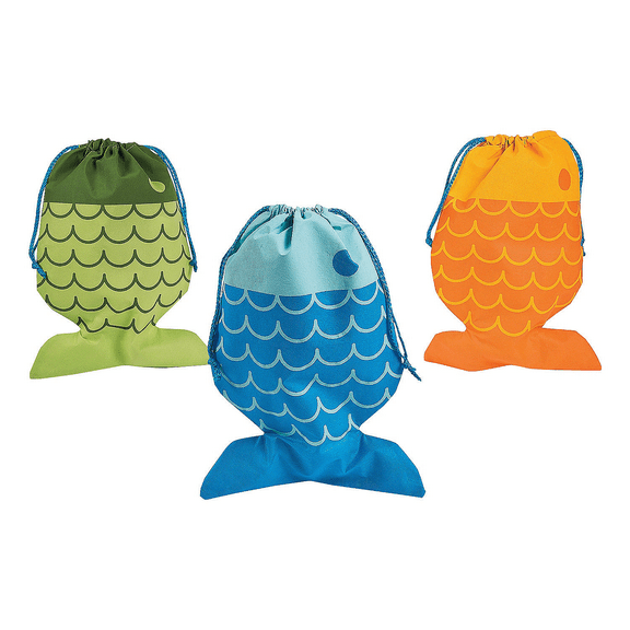 Little Fisherman Fish Pull String Bags - Favor Bagss - 12 Pieces