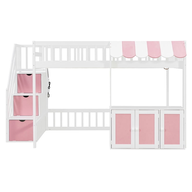 Full Size Playhouse Kids Loft Bed with Eaves Design, Wood Child Bed Frame with Storage Staircase, LED Light & Under Bed Cabinets