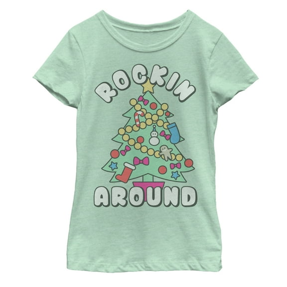 Girl's Lost Gods Christmas Tree Rockin' Around  Graphic Tee Mint Large