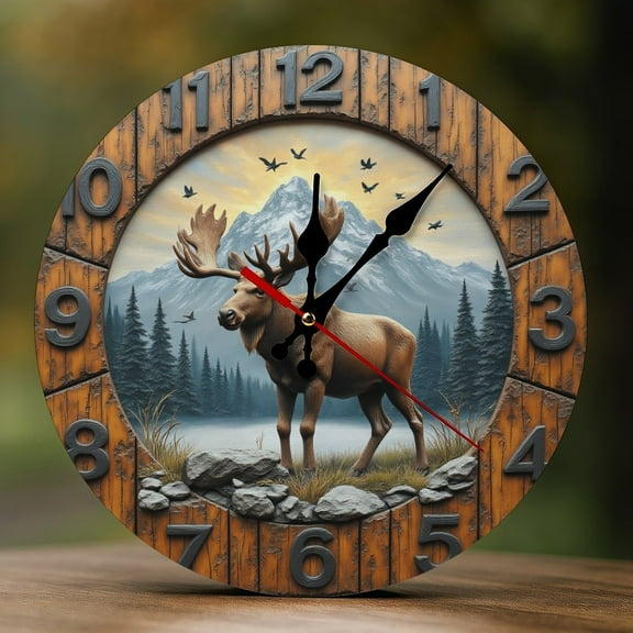 Wall Clock Decorative - Rustic Brown Moose-A Print 2D Vintage Wall Clocks Battery Operated Silent Non-Ticking for Bedroom, Living Room, Kitchen, Office, Classroom, 10 Inch