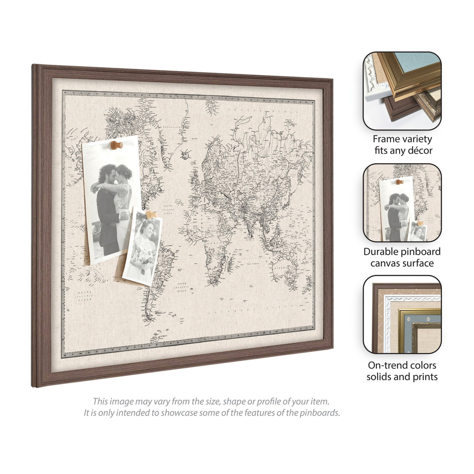 Kate and Laurel Framed Fabric Pinboard 37 x 25, Vintage Black and White Linen World Map Printed Linen Modern Bulletin Board for Use as a Vision Board or Wall Organization, Lucie Black Frame