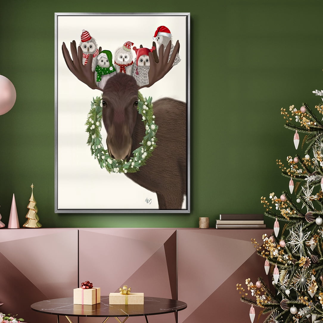 Christmas Moose and Christmas Owls - Framed Gallery Wrapped Holiday Canvas - 17 x 25 - Silver Frame