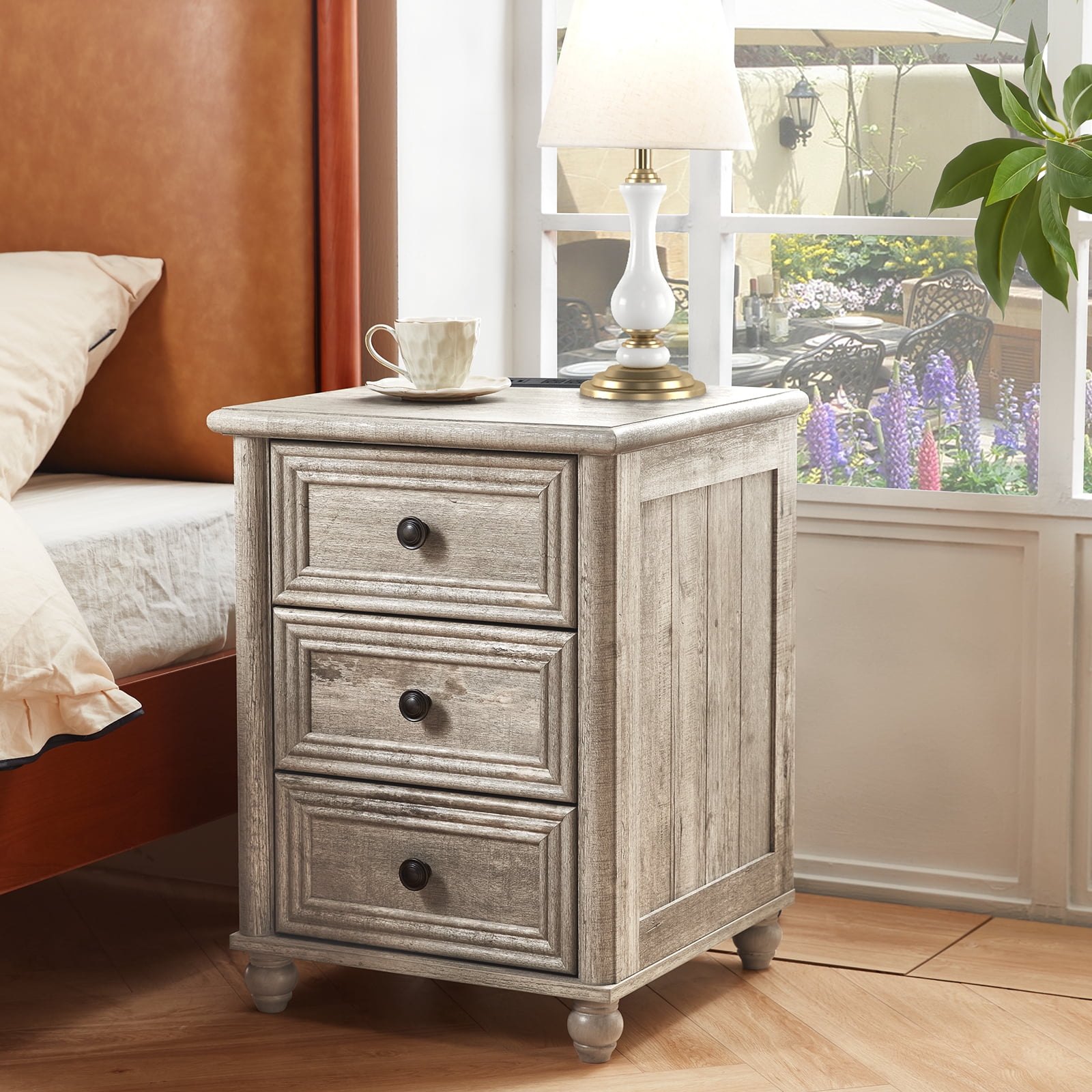 Nightstands Set of 2 with 3 Drawers, Farmhouse Nightstands with Charging Station End Table Beside Table for Bedroom Enrtyway Living Room, Grey Oak