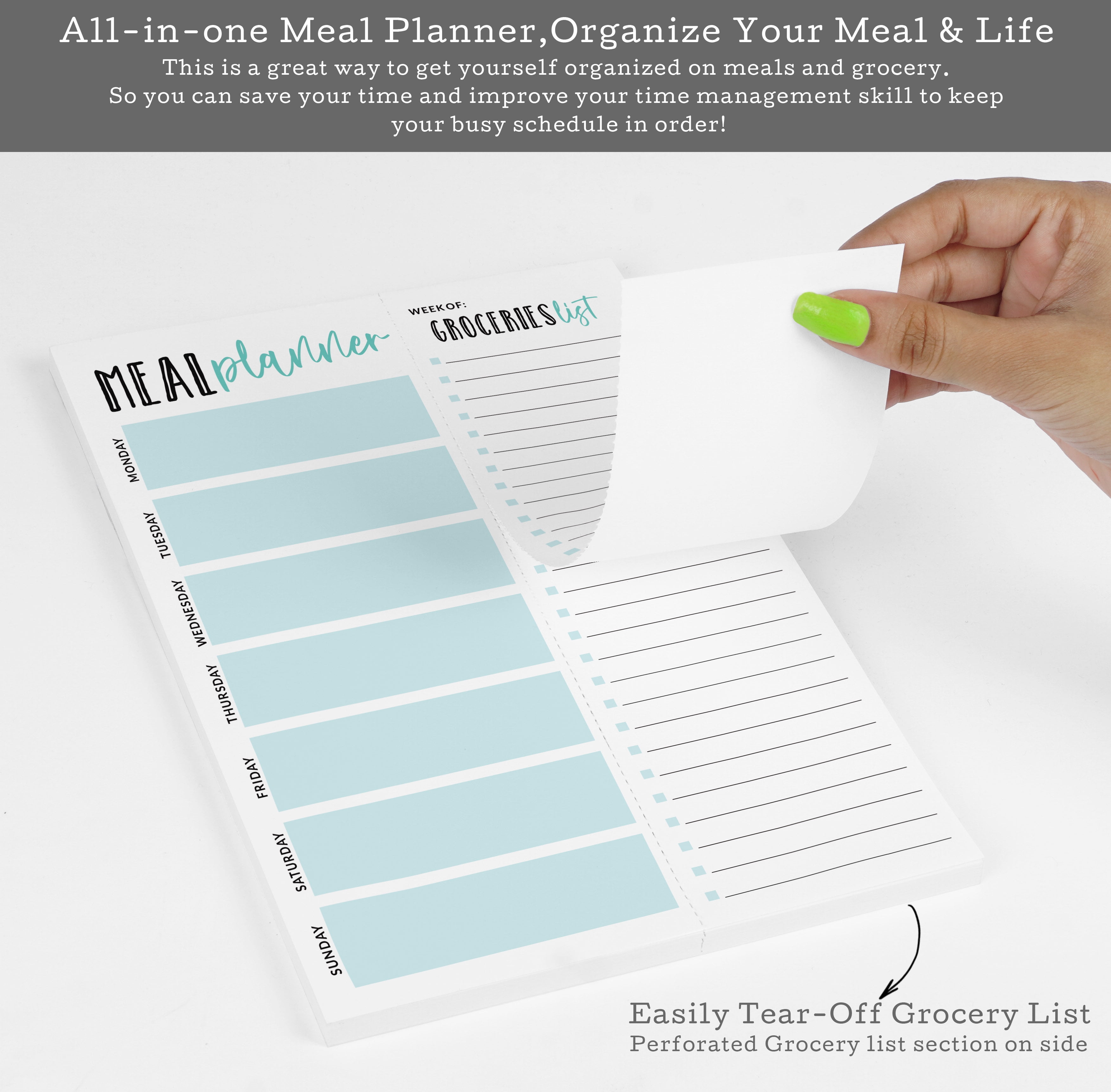 Inkdotpot Weekly Meal Planner Notepad 7"x10 , "Meal Planner" Magnetic Meal Planning Pad with Tear Off Grocery Shopping List for Fridge- Kitchen & Home - 54 Sheets -JJ