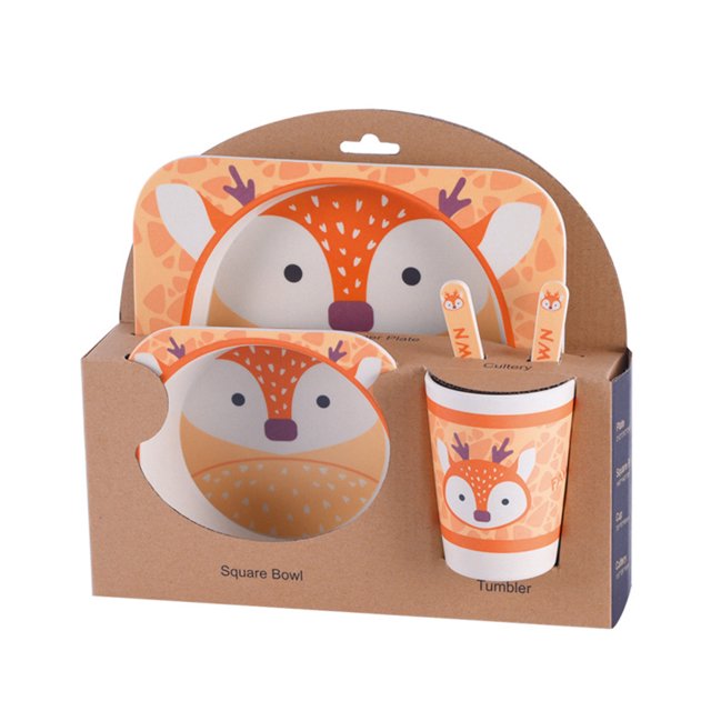 Juego de vajilla para niños 5 uds., Cuenco de dibujos animados de fibra de bambú para bebés, juego de vajilla para animales, taza para niños pequeños, cuchara, tenedor kenally JJ15200-21