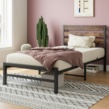 Rustic Twin Size Platform Bed Frame with Vintage Wood Headboard Strong Metal Slats Support Mattress Foundation No Box Spring Needed Durable & Easy Assembly Rustic Brown Finish