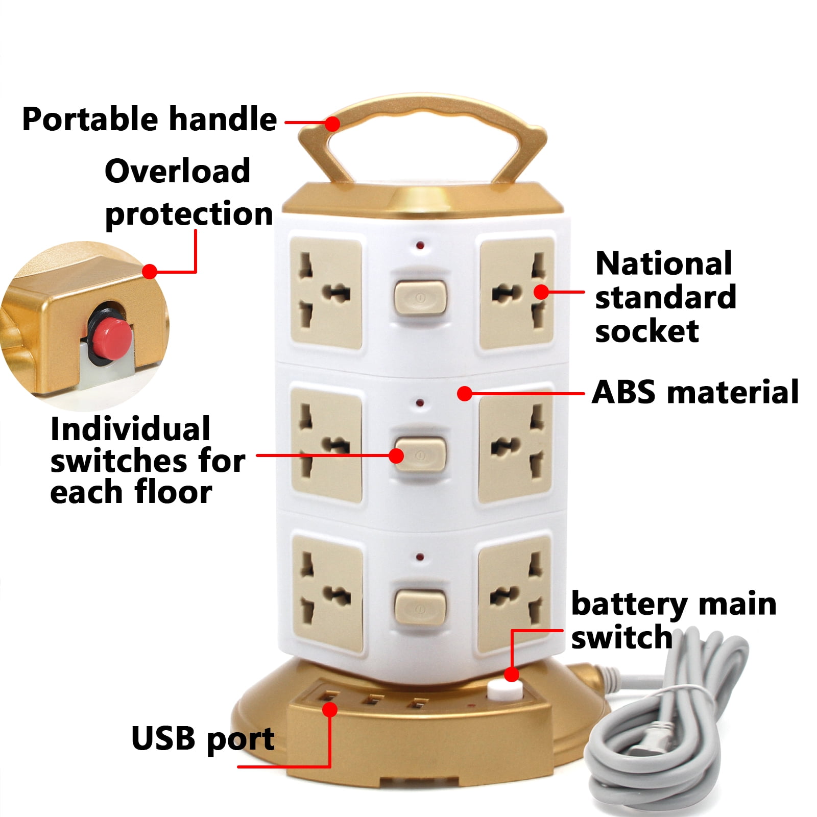 Arcticwind Surge Protector Power Strip Tower w/12/16 Outlets, 3 USB Ports, 2500W Max, Portable Modular Power Tower, Built-in Overload & Lightning Protection, w/9.85ft Cable