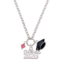 Delight Jewelry Indian Pink Crystal Bicone - Silvertone Class of 2026 Graduation Zoey Charm Necklace, 28"