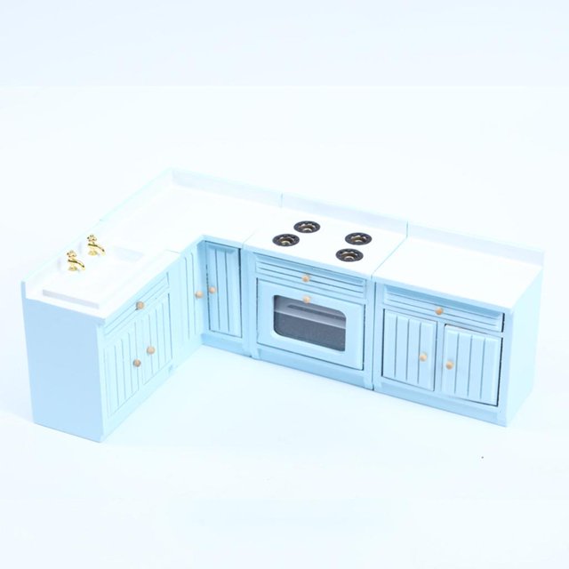 Casa de muñecas de madera miniatura azul Mini muebles de cocina decoración Juego de cocina 4pcs perfke Miniaturas de casa de muñecas