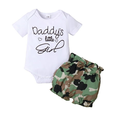 

Newborn Baby Girls Outfits Short Sleeve Letter Print Romper Top+Camouflage Print Bow Shorts+Headband 3PCS Outfits Set 9-12 Months White
