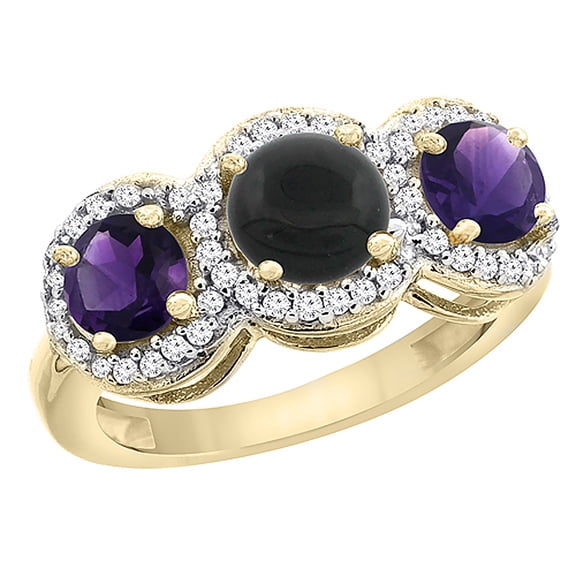 14K Yellow Gold Natural Black Onyx & Amethyst Sides Round 3-stone Ring Diamond Accents, size 7