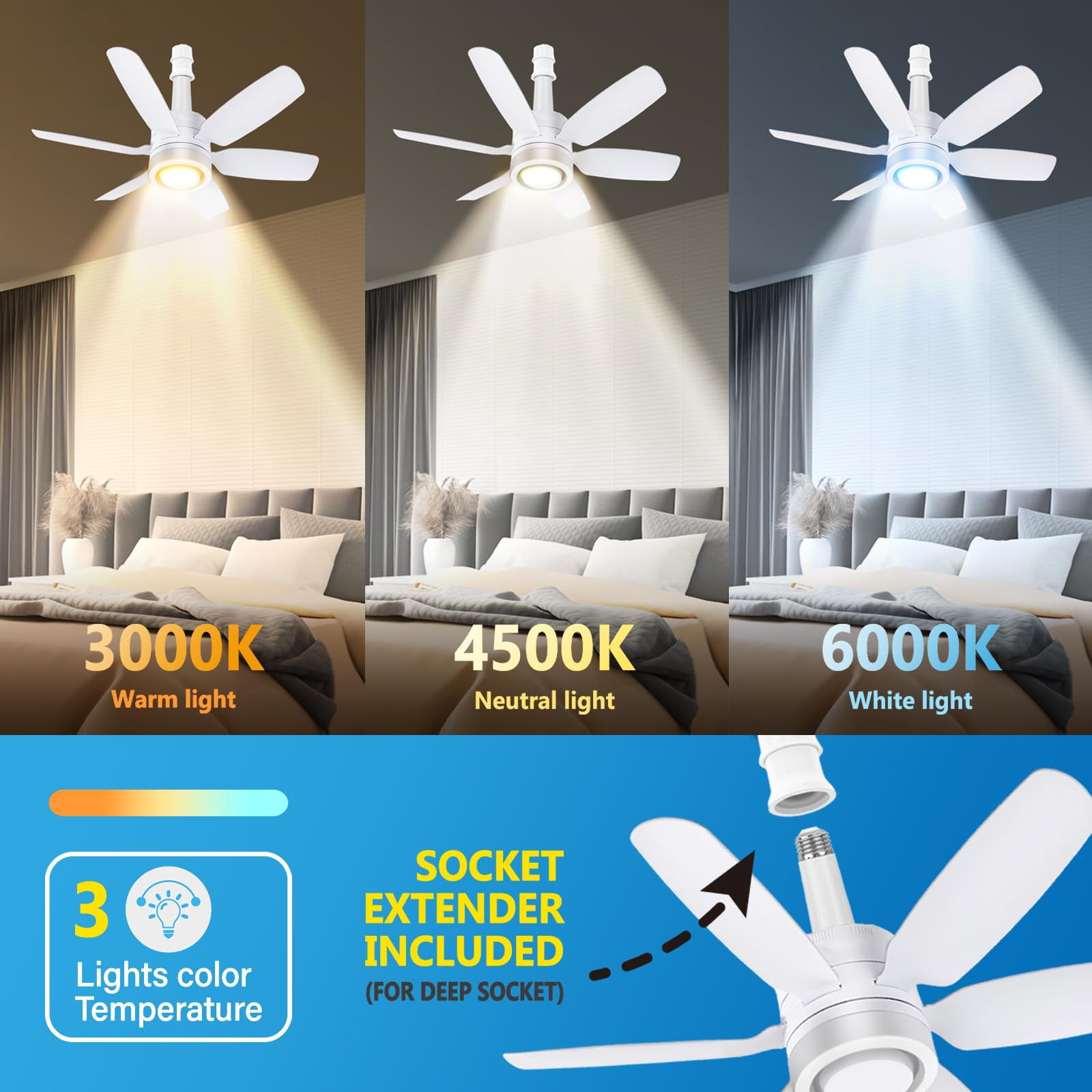 6 Blade Socket with Light Ceiling Fan, with Three Light Levels, Intelligent Remote Control to Control Fan Intensity, Light, Time Setting(2 Packs)