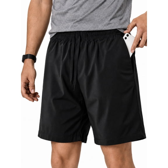 HISDERN Mens Black Shorts 7.8 In Inseam Drawstring Waist Quick Dry Athletic Shorts with Deep Pockets