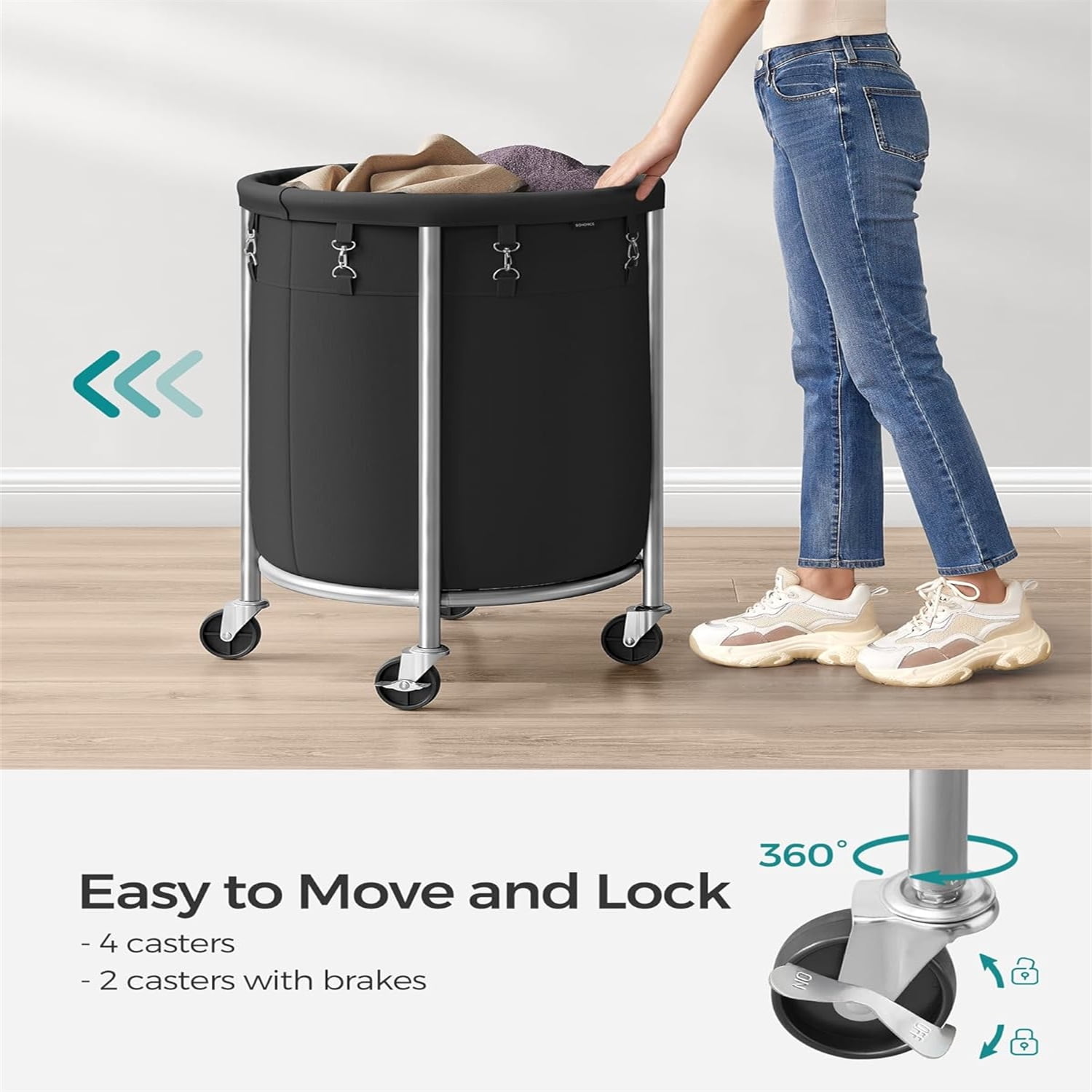 MX-29-Gallon (110 L) Laundry Basket with Wheels, Rolling Round Heavy-Duty Laundry Hamper Cart with Steel Frame and Removable Bag, 2 Locking Wheels, Ink Black and Metallic Silver