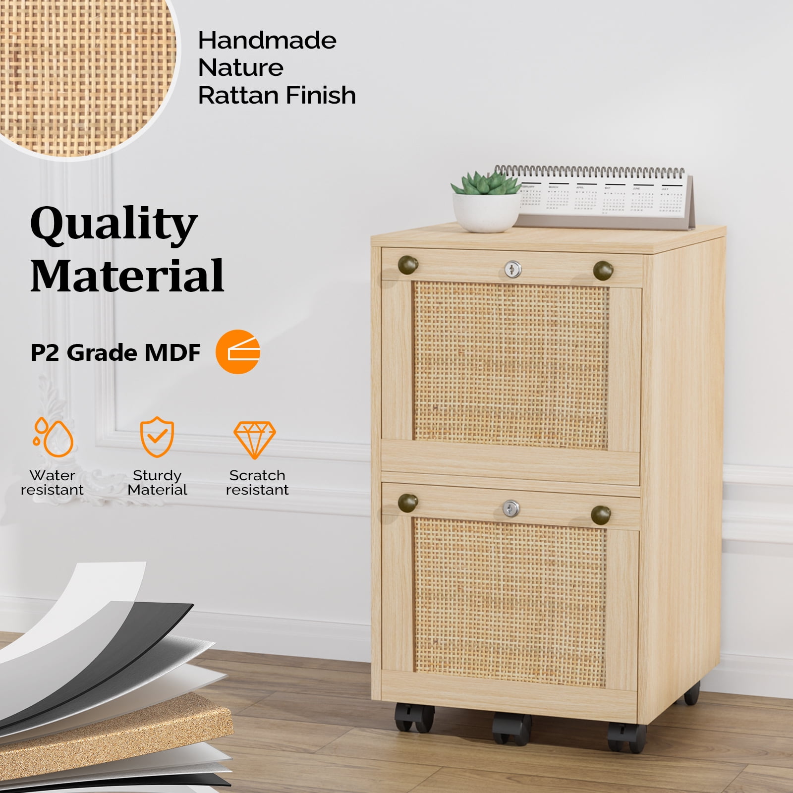 Ktaxon Rattan Wood File Cabinet with 2 Drawers,  Portable Vertical Mobile Wooden Storage Filing Cabinet, for Home Office, Natural