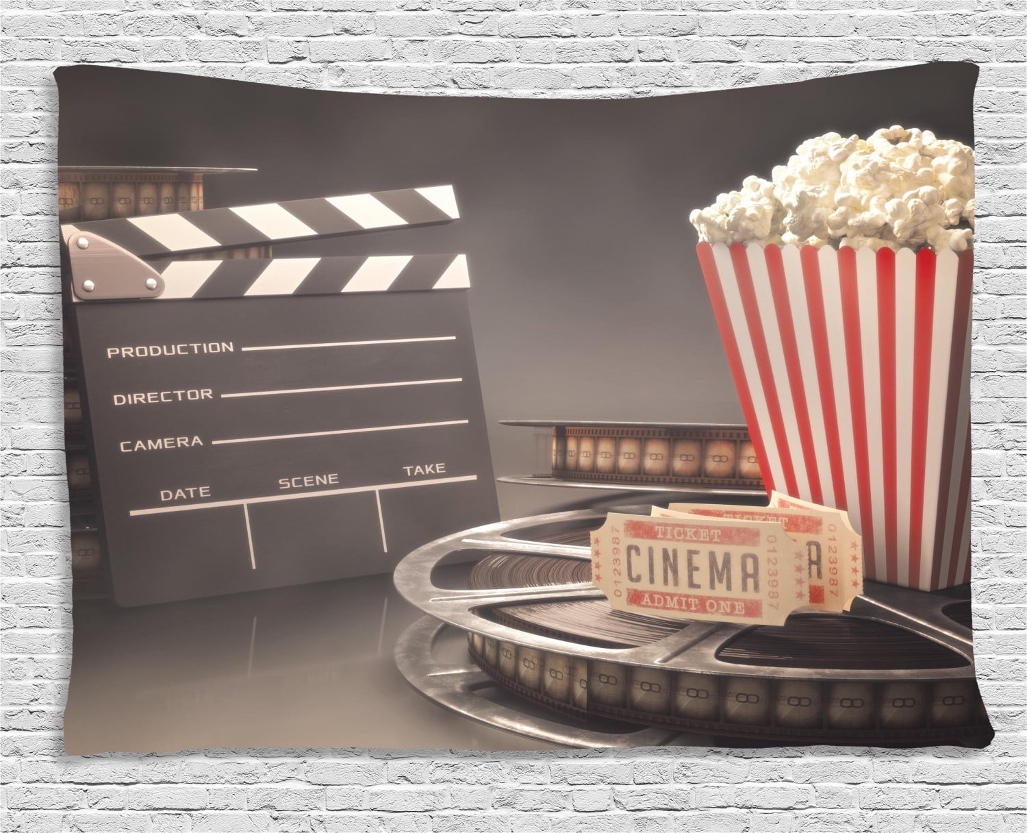 Movie Theater Tapestry, Old Fashion Entertainment Objects Related to Cinema Film Reel Motion Picture, Wall Hanging for Bedroom Living Room Dorm Decor, 80W X 60L Inches, Multicolor, by Ambesonne