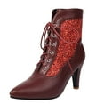 thumbnail image 5 of Women's Fashion Kitten Heel Lace Up Ankle Boots Pointed Toe Glitter Sequins Winter Fall Leather Dressy Combat Booties Red Size 6.5, 5 of 6