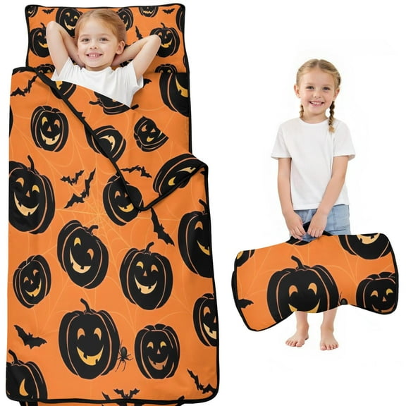 Halloween Black Pumpkins and Bats Toddler Nap Mats for Kids Preschool,50"x20" Sleeping Mat Bag or Kids,Toddler Sleeping Bag,Toddler Nap Mat or Daycare