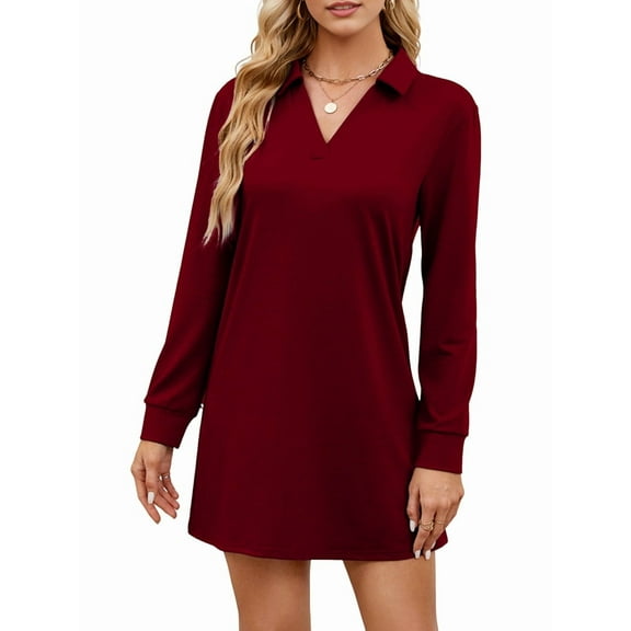 Women'S Autumn Dress 2025 Lapel Long Sleeve Casual Loose V-Neck Solid Color Sports Sweater Dress Wine Red XL