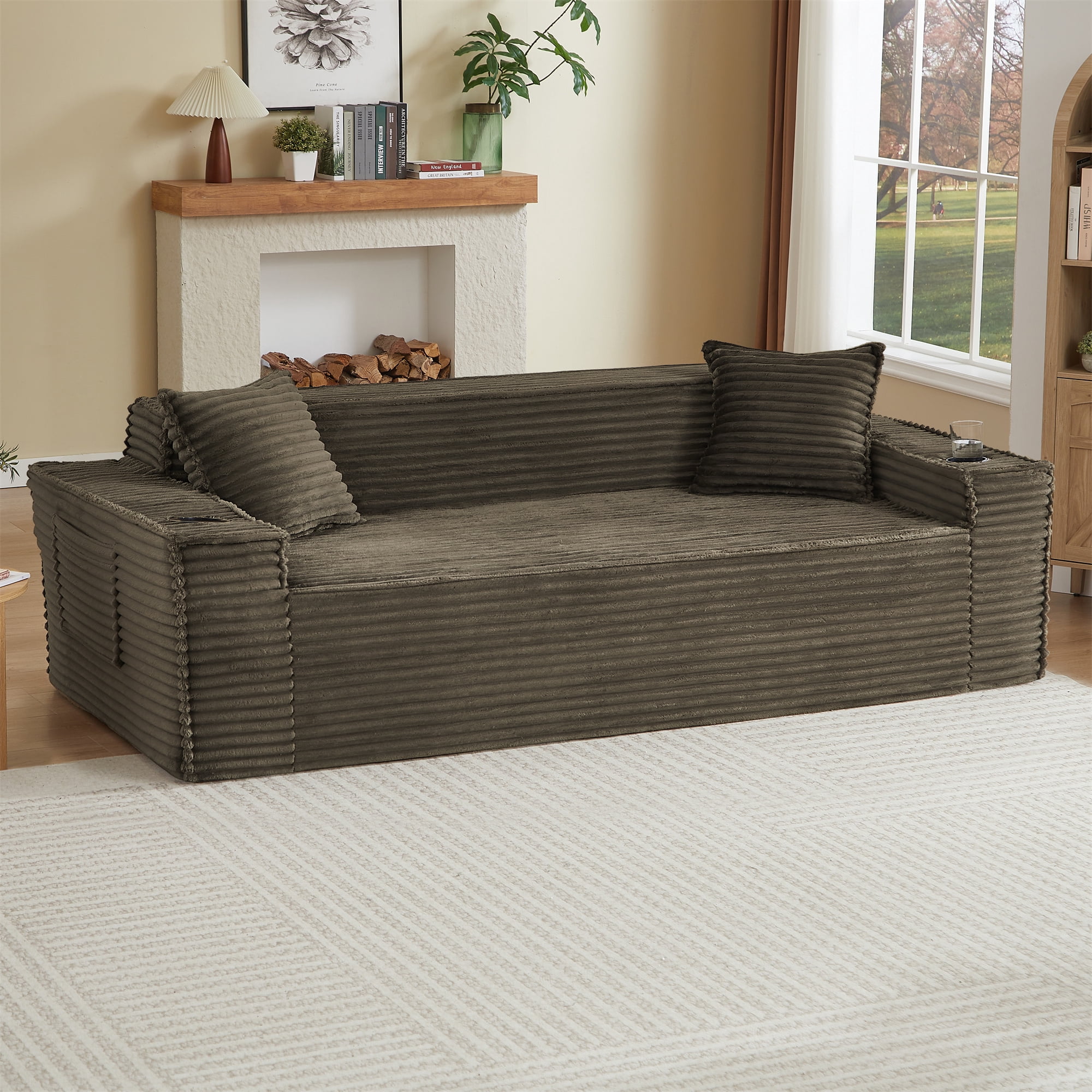 Aukfa 3 Piece Boneless Couch Set, 81" 3 Seat Cloud Sofa for Living Room, 2 Cup Holders&Storage Pocket, Corduroy, Brown