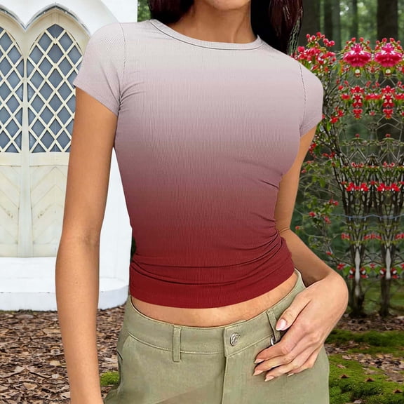 Xuyuer Womens Crew Neck Ribbed Skim Short Sleeve Fitted T Shirts Casual Basic Tight Solid Tees Stretchy Tops for Women