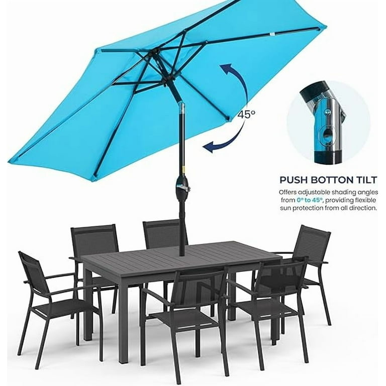 6 patio table umbrella metal pole 4 ribs PHI VILLA for 6, Black Dining Table w/Umbrella Hole coated iron pole and six reinforced iron ribs PURPLE LEAF Patio Market Umbrella