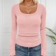 thumbnail image 1 of MHFRRA Camiseta Básica de Punto Acanalado para Mujer, Cuello Cuadrado, Manga Larga, Moda de Otoño, Informal, Elástica, Cómoda, para Niñas y Adolescentes Rosa, 1 of 4
