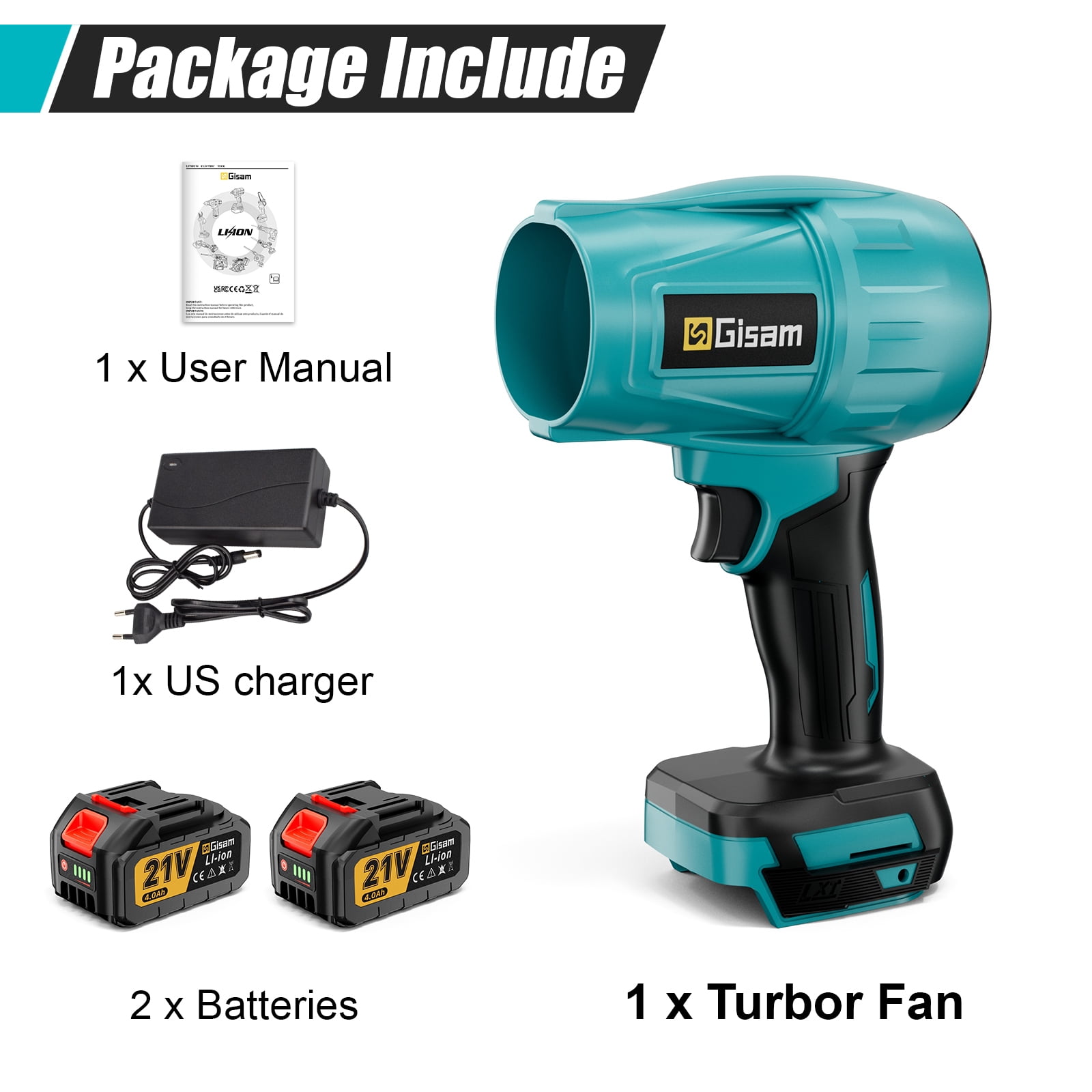 Gisam Electric Cordless Leaf Blower,128000RPM 447MPH   Handheld Leaf Blower with 2 X 4.0Ah Batteries for Patio Cleaning, Lawn Care, Blowing Leaves and Dust