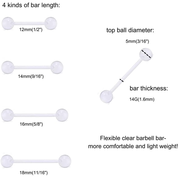 GHRTGR-Plastic Nipple Rings Tongue Piercing Retainer Barbell 14g for Women Surgery 12/14/16/18mm