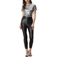 thumbnail image 2 of INSPIRE CHIC Women's Party Metallic Textured Short Sleeve Shiny Multicolor Top Dark Silver L, 2 of 4