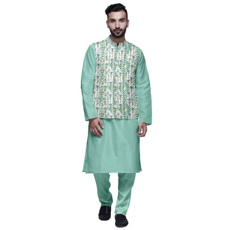 

Atasi Mandarin Collar Traditional Solid Kurta Pajama With Printed Jacket Set