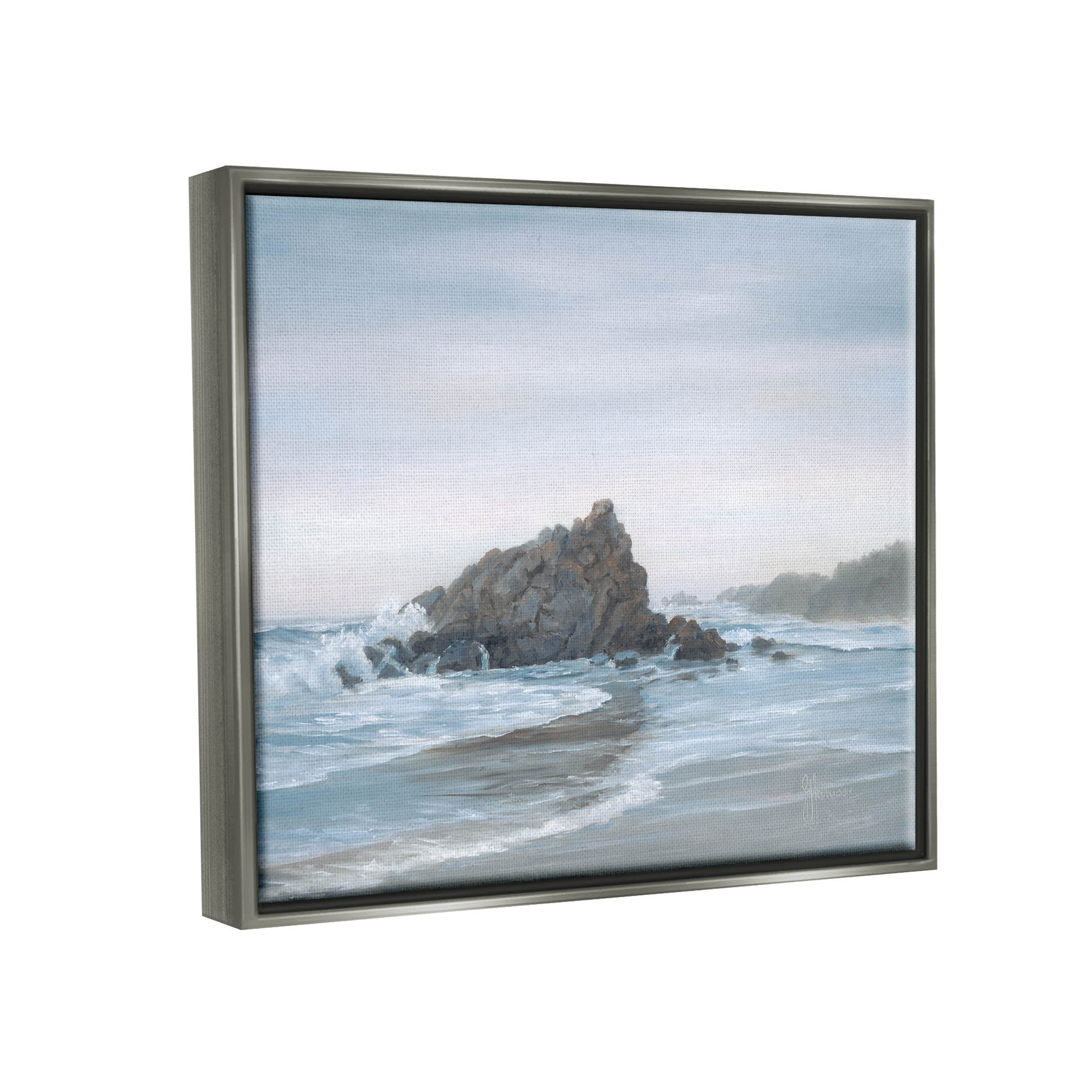 Crashing Waves Rocky Beach Coastal Painting Luster Gray Framed Art Print Wall Art